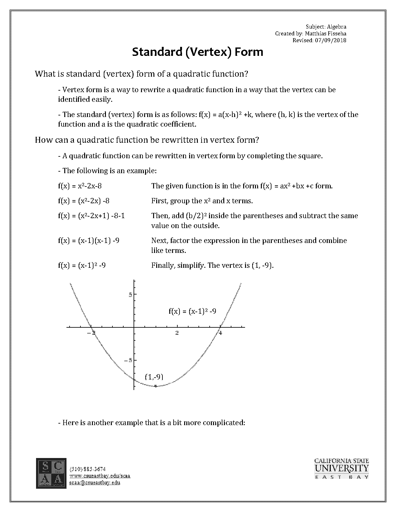 how to change quatratic tovertex form